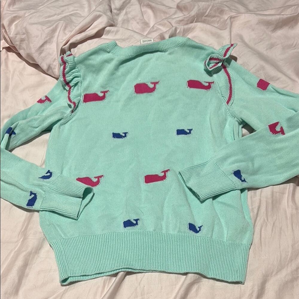 Vineyard Vines S 7/8 Green Crew Neck Sweater with Pink Whale Pattern nwot - Picture 4 of 4